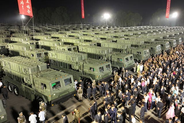<p>A picture released by Korean Central News Agency shows a general view of a ceremony for transferring 250 tactical ballistic missile launchers to the frontier military units, in Pyongyang</p>