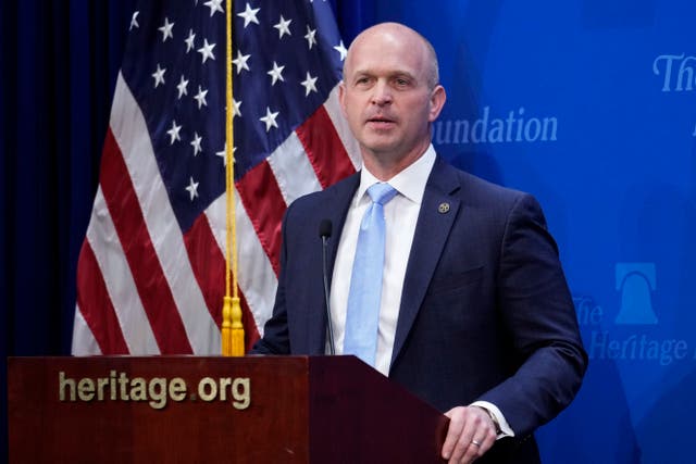 <p>Kevin Roberts, president of the Heritage Foundation, speaks at the 2023 Margaret Thatcher Freedom Lecture in Washington, April 12, 2023. He has delayed the release of his new book until after election </p>