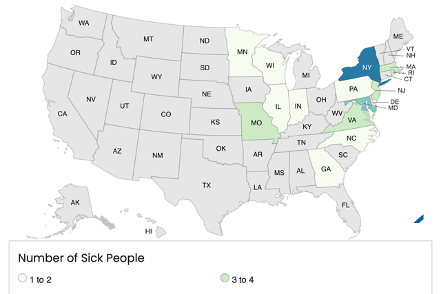 <p>Map showing the Listeria infection outbreak, which has been linked to deli meats </p>